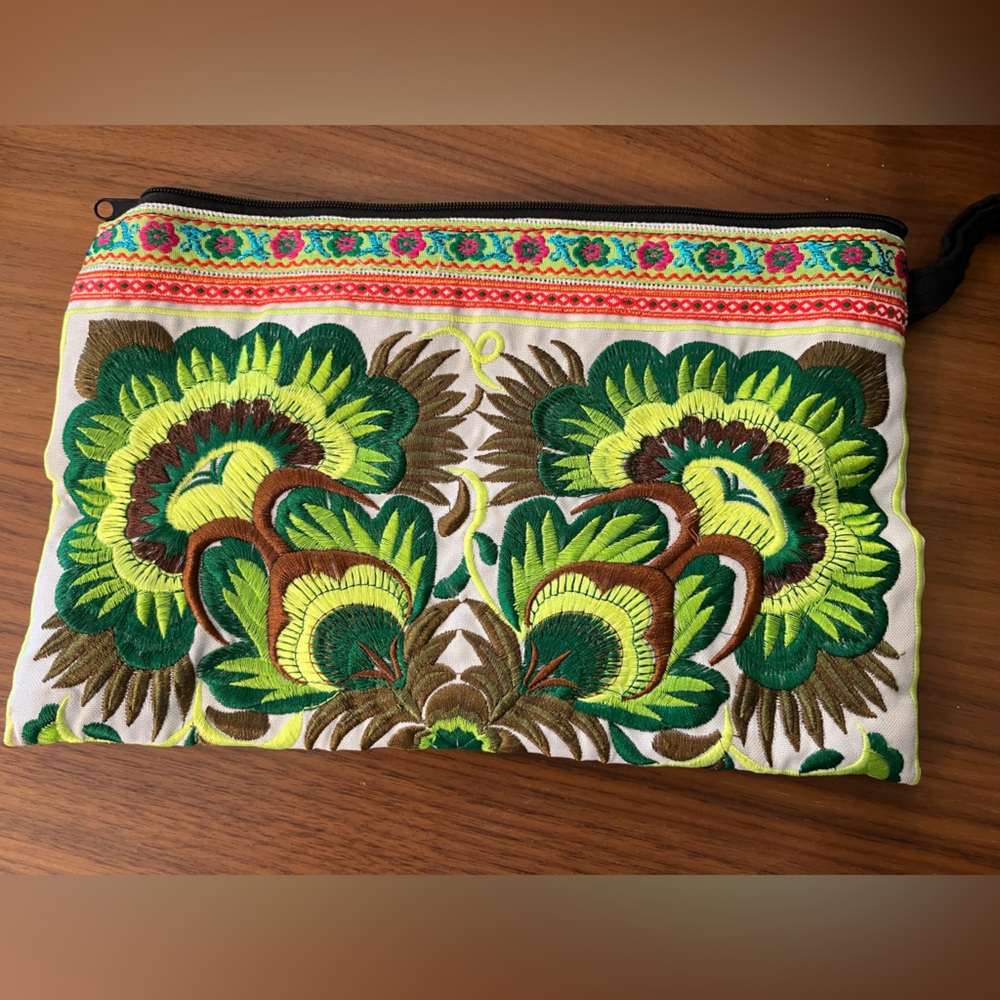 Embroidered Floral Clutch/Pouch - Green and Brown